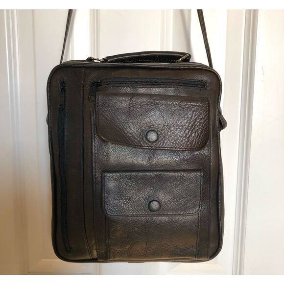 UNISEX LEATHER - Utilitarian Black All-Leather Bag w/Multi Compartments - Picture 14 of 15